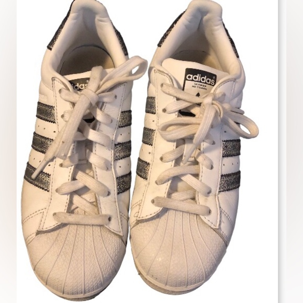 Adidas Superstar, 7.5, gently worn, white with bling stripes